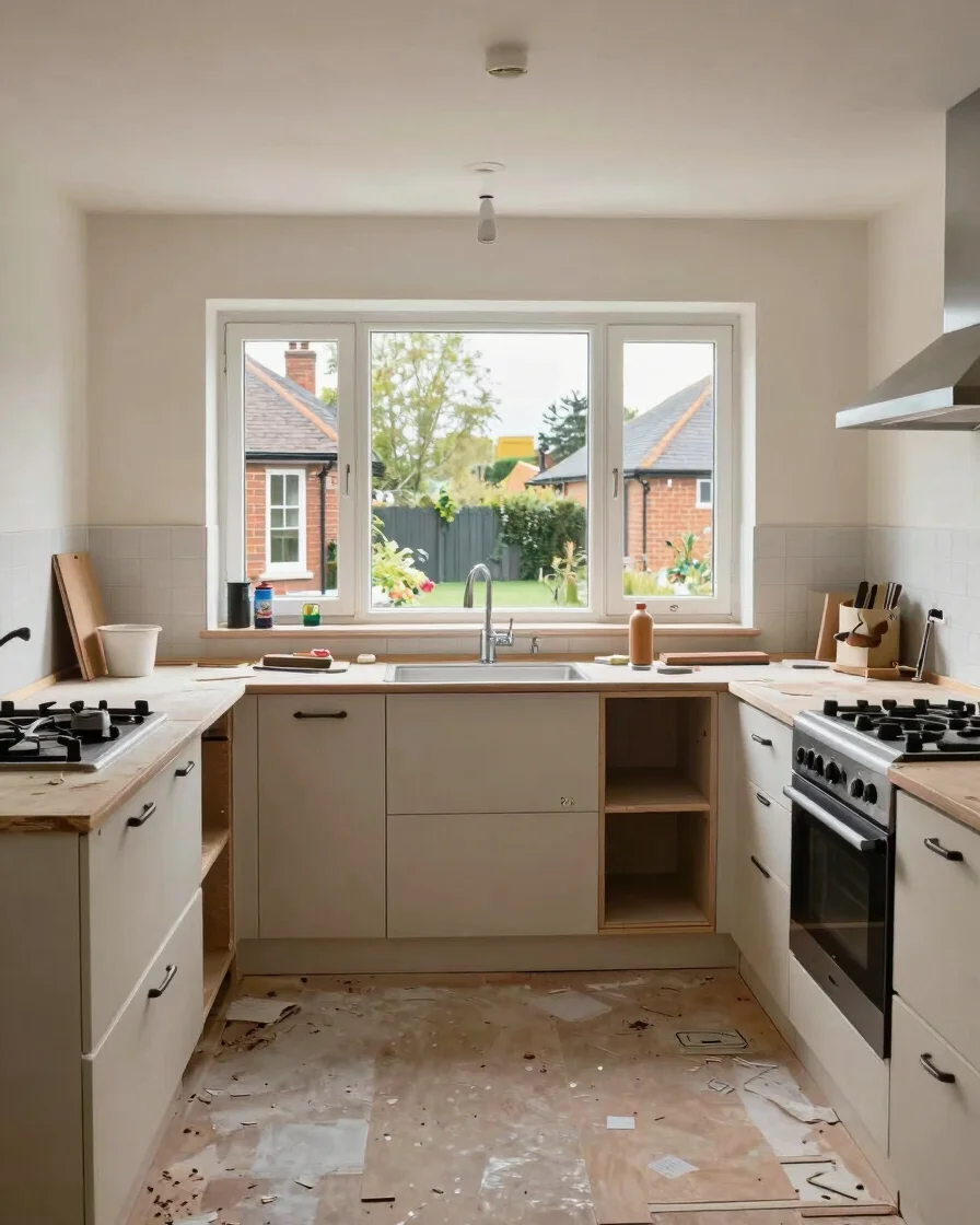 Wide natural editorial photograph of a UK kitchen renovation in p